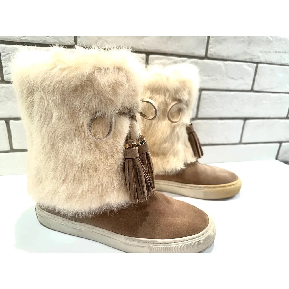 Tory Burch Tan Suede Fur Trimmed Tassel Boots Women's Size 6M‎